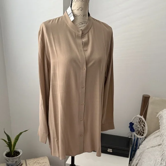 Eileen Fisher - Mandarin Collar Silk Button-Up Shirt - L - Picture 2 of 11